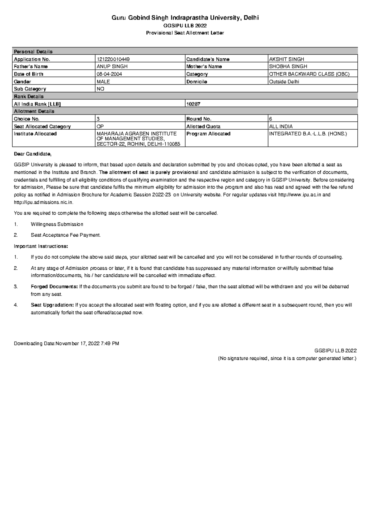 Maims Allotment Letter - Guru Gobind Singh Indraprastha University ...