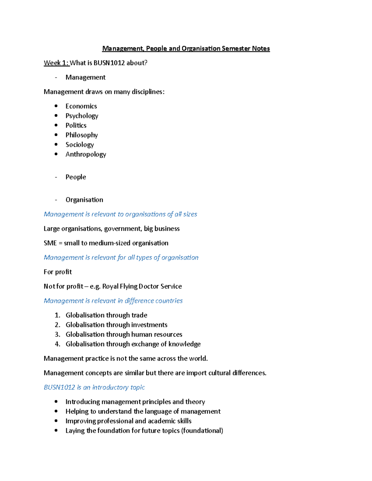 Lecture notes, lectures 1-12 - Management, People and Organisation ...