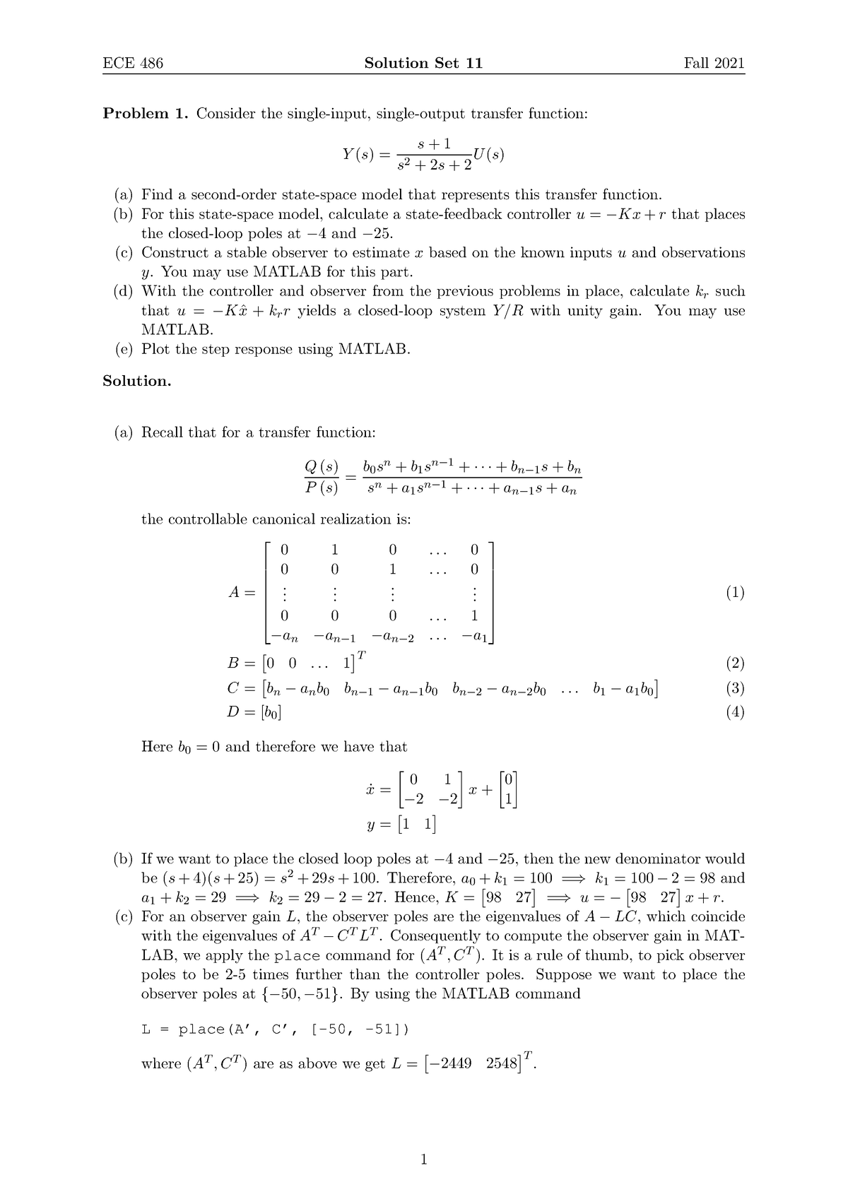 ECE486 HW 11 Solution - Problem 1 The Single-input, Single-output ...