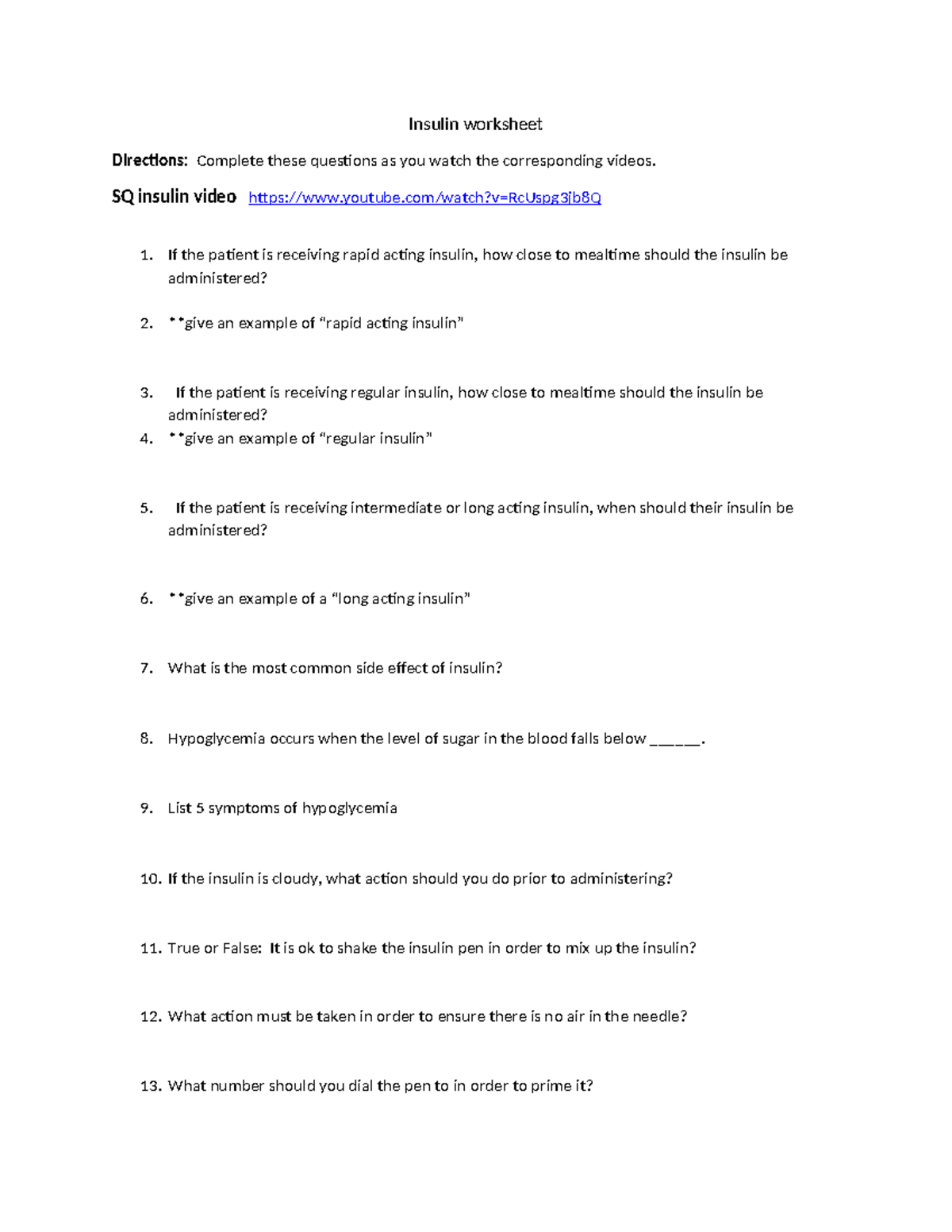 Blood glucose SQ insulin worksheet. Students - Insulin worksheet ...