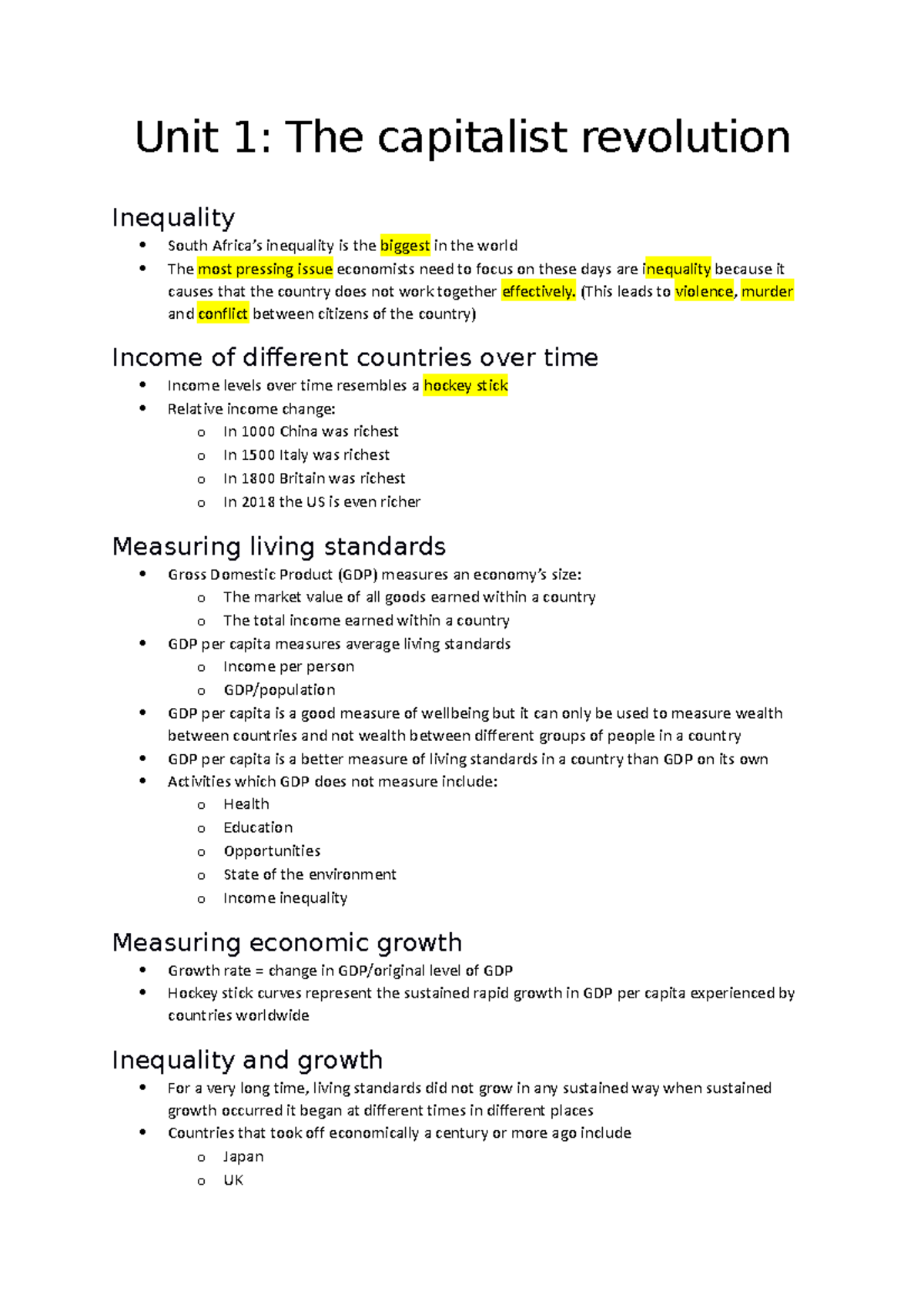 Unit 1 - Unit 1: The capitalist revolution Inequality South Africa’s ...