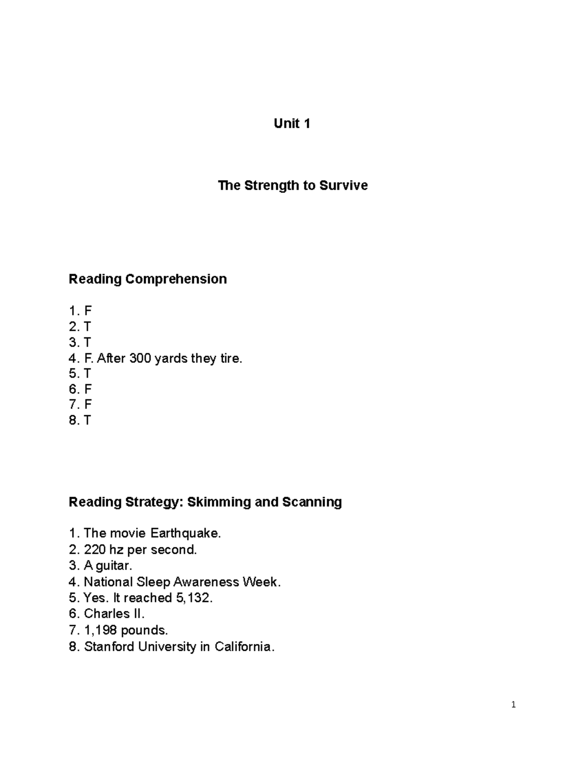 Answer key Unit 1 - Unit 1 The Strength to Survive Reading ...