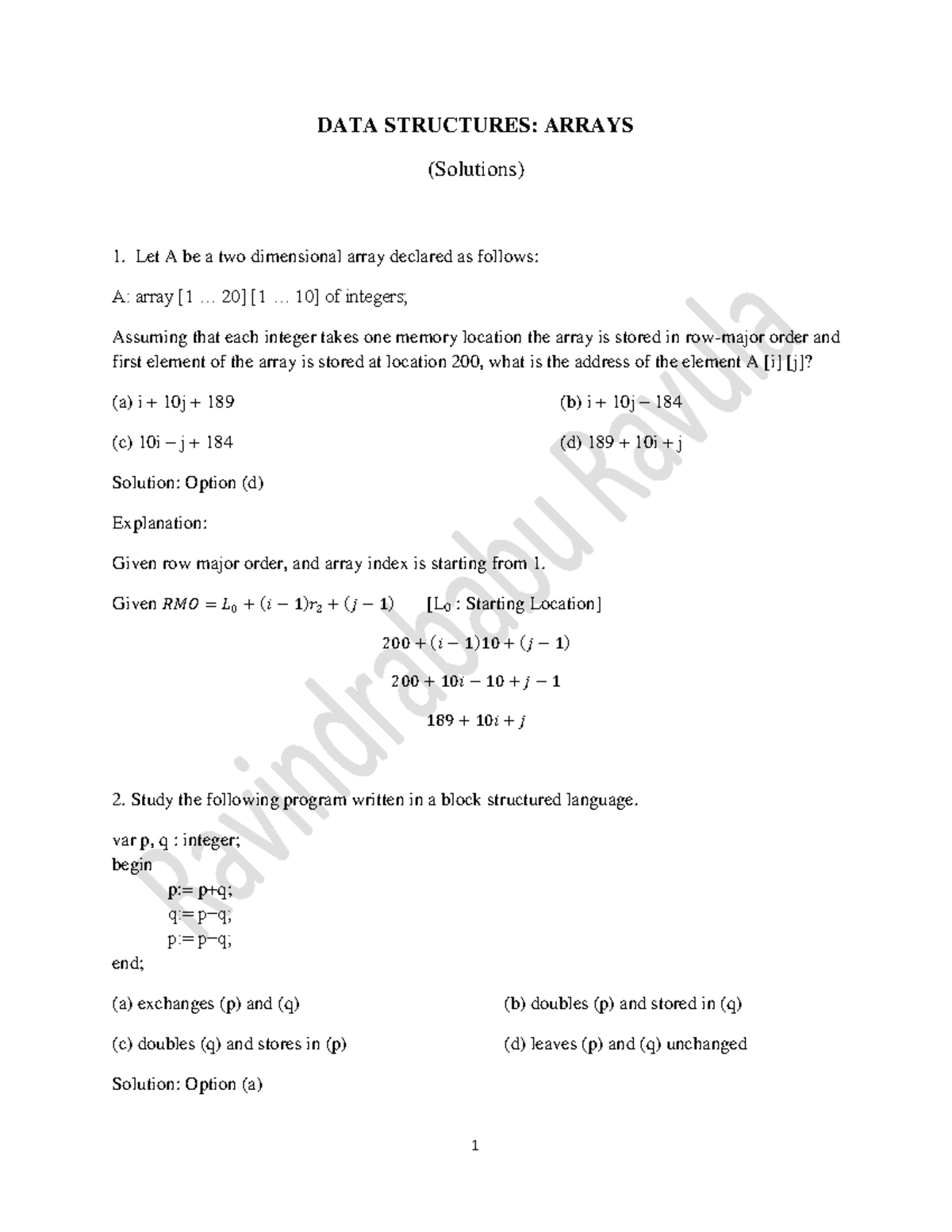 DS Solutions (Arrays) - (1) - Computer Science - Studocu