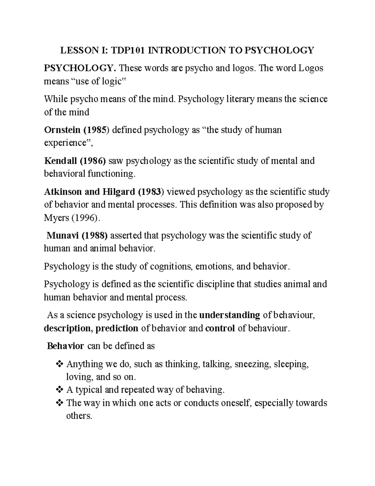 Introduction To Psychology Lesson