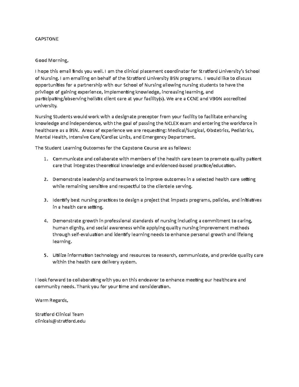 Capstone Intro Letter - CAPSTONE Good Morning, I hope this email finds ...