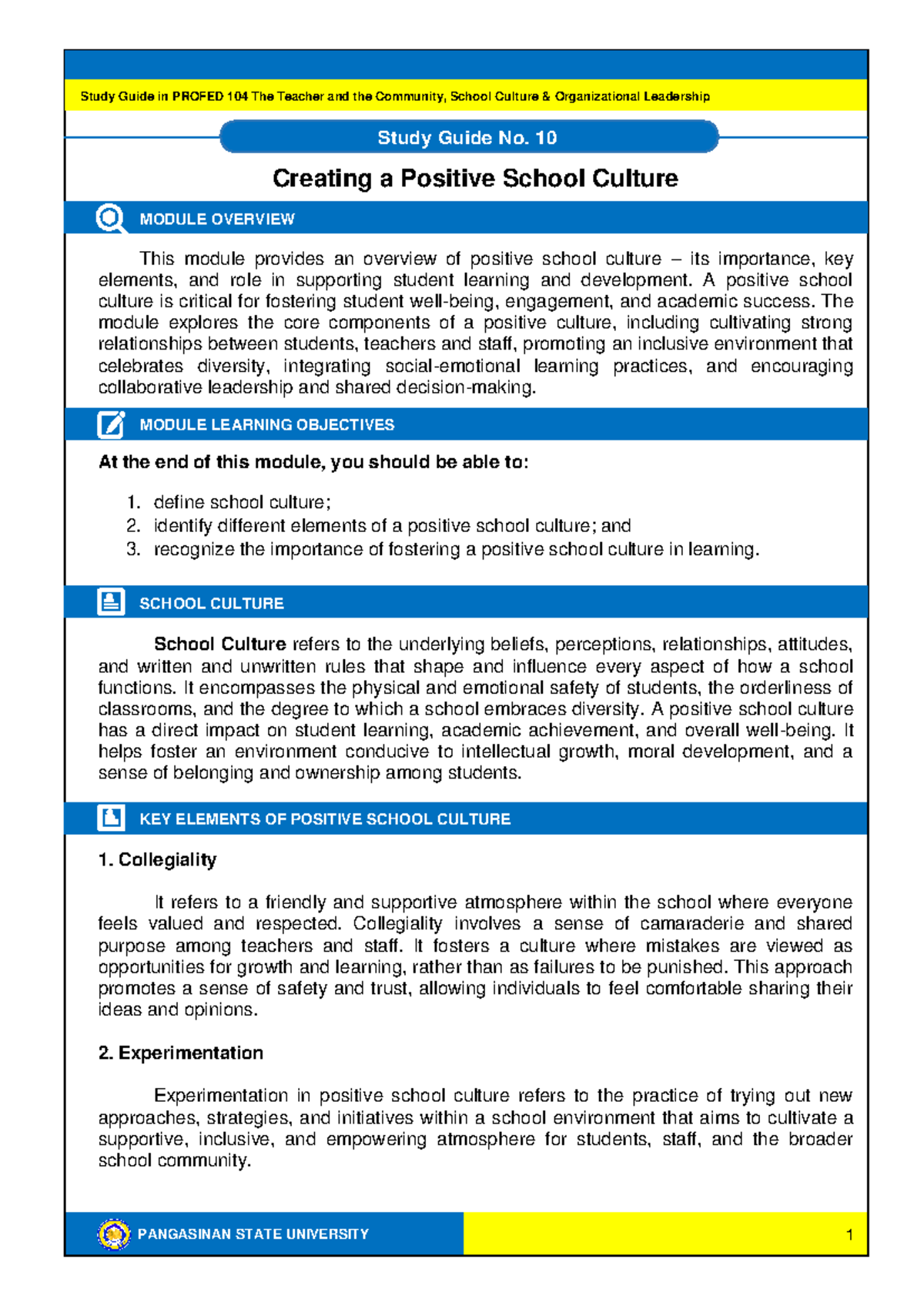 Positive School Culture SG - PANGASINAN STATE UNIVERSITY KEY ELEMENTS ...