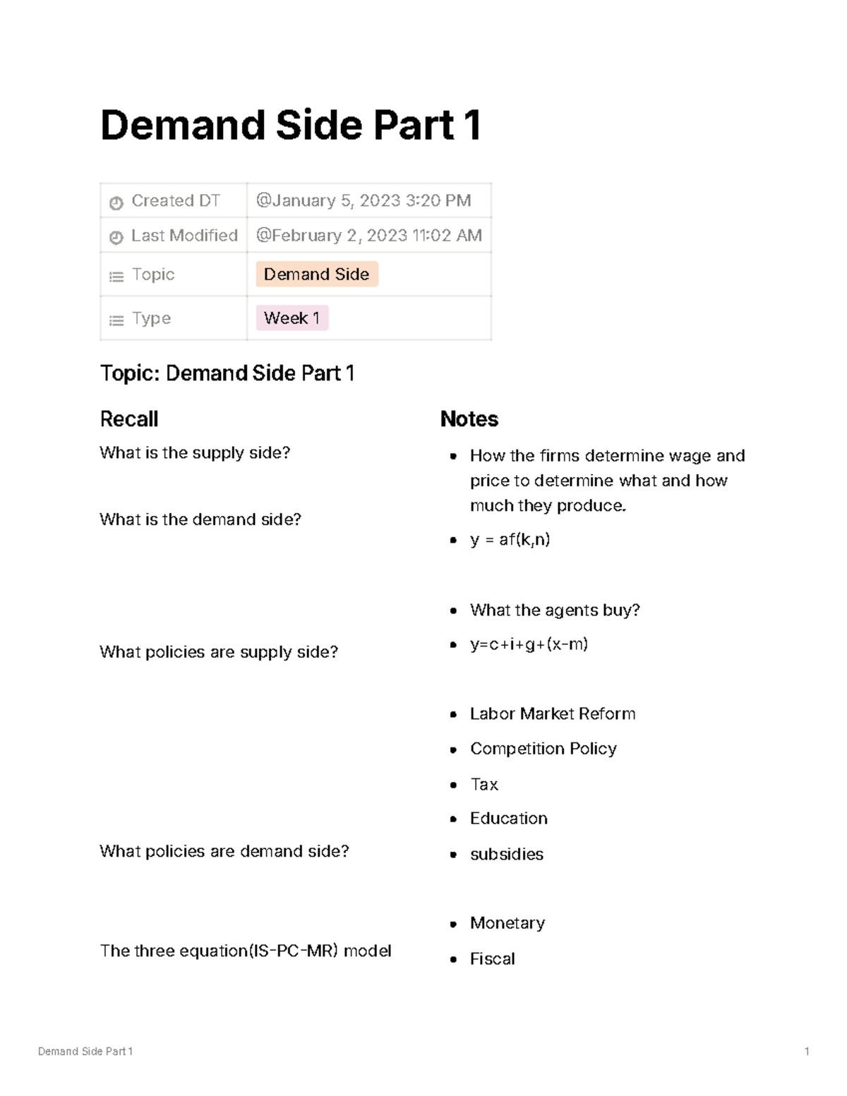 Demand Side Part 1 y = af(k,n) What the agents buy? y=c+i+g+(xm