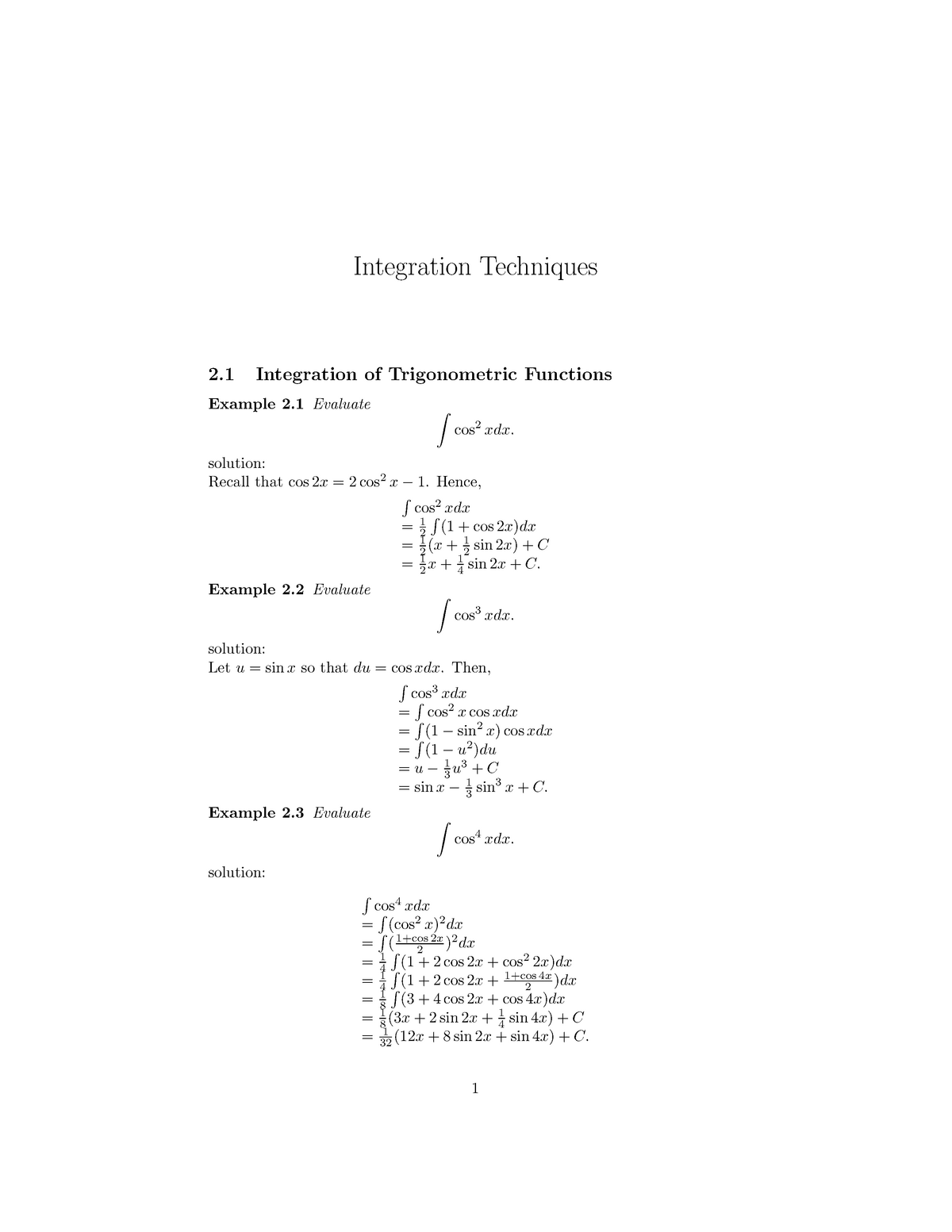 1014note2 Avery Ching Integration Techniques 2 1 Integration Of Trigonometric Functions Example Studocu