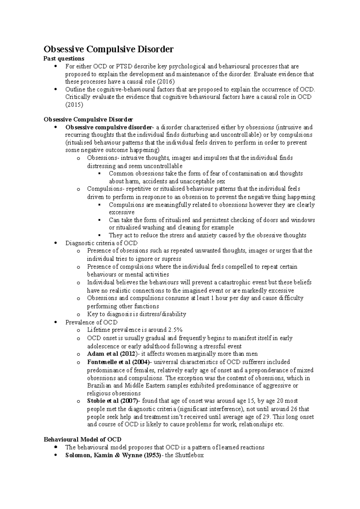 Psychopathology- Obsessive Compulsive Disorder - Obsessive Compulsive ...