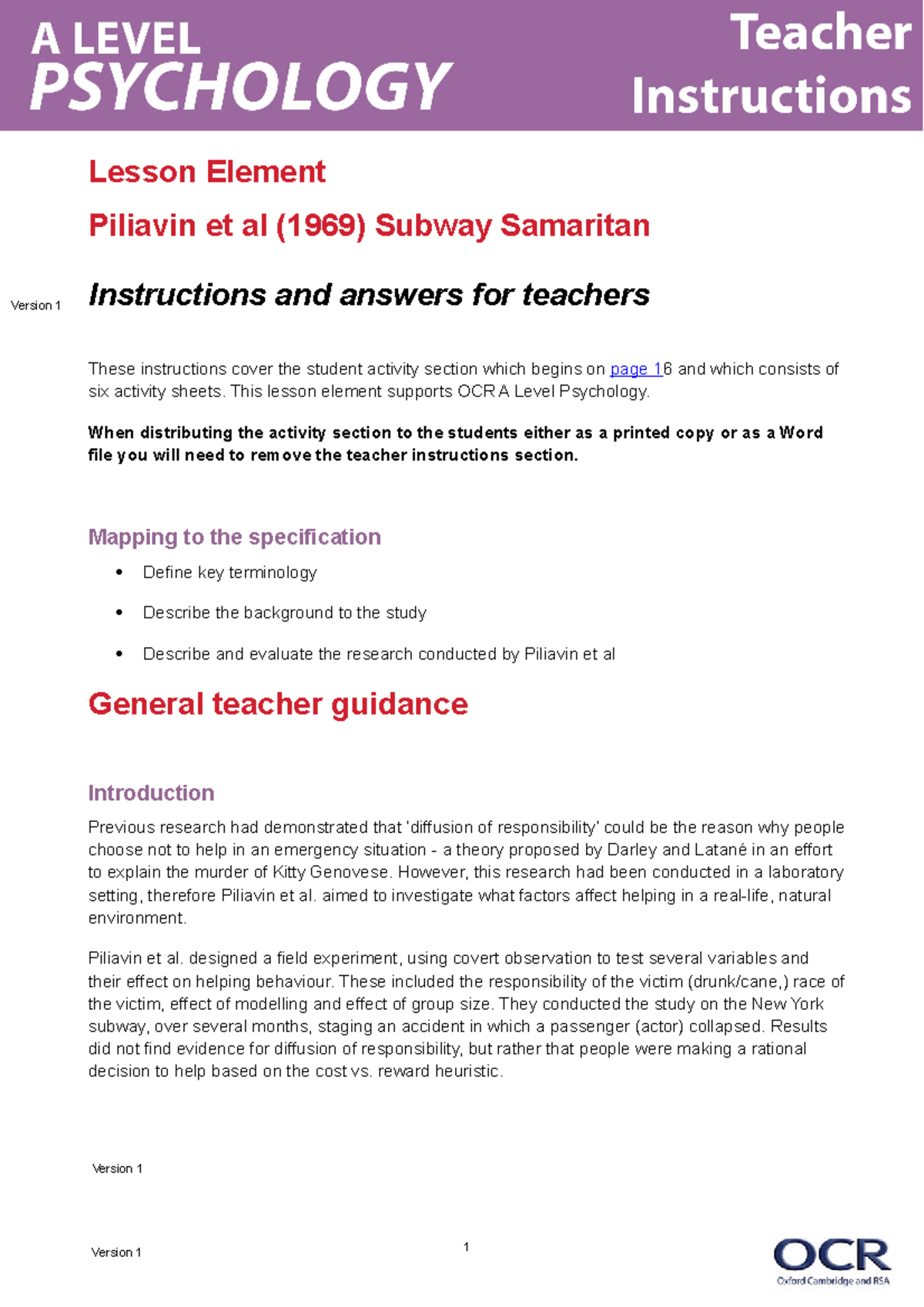 340551 piliavin et al - Lesson Element Piliavin et al (1969) Subway ...