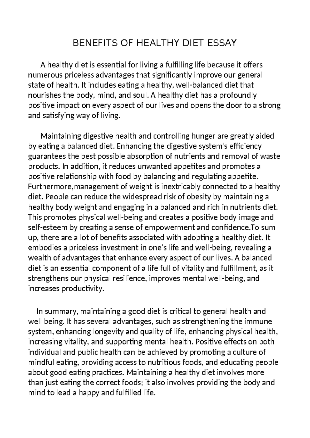 Benefits OF Healthy DIET Essay - BENEFITS OF HEALTHY DIET ESSAY A ...