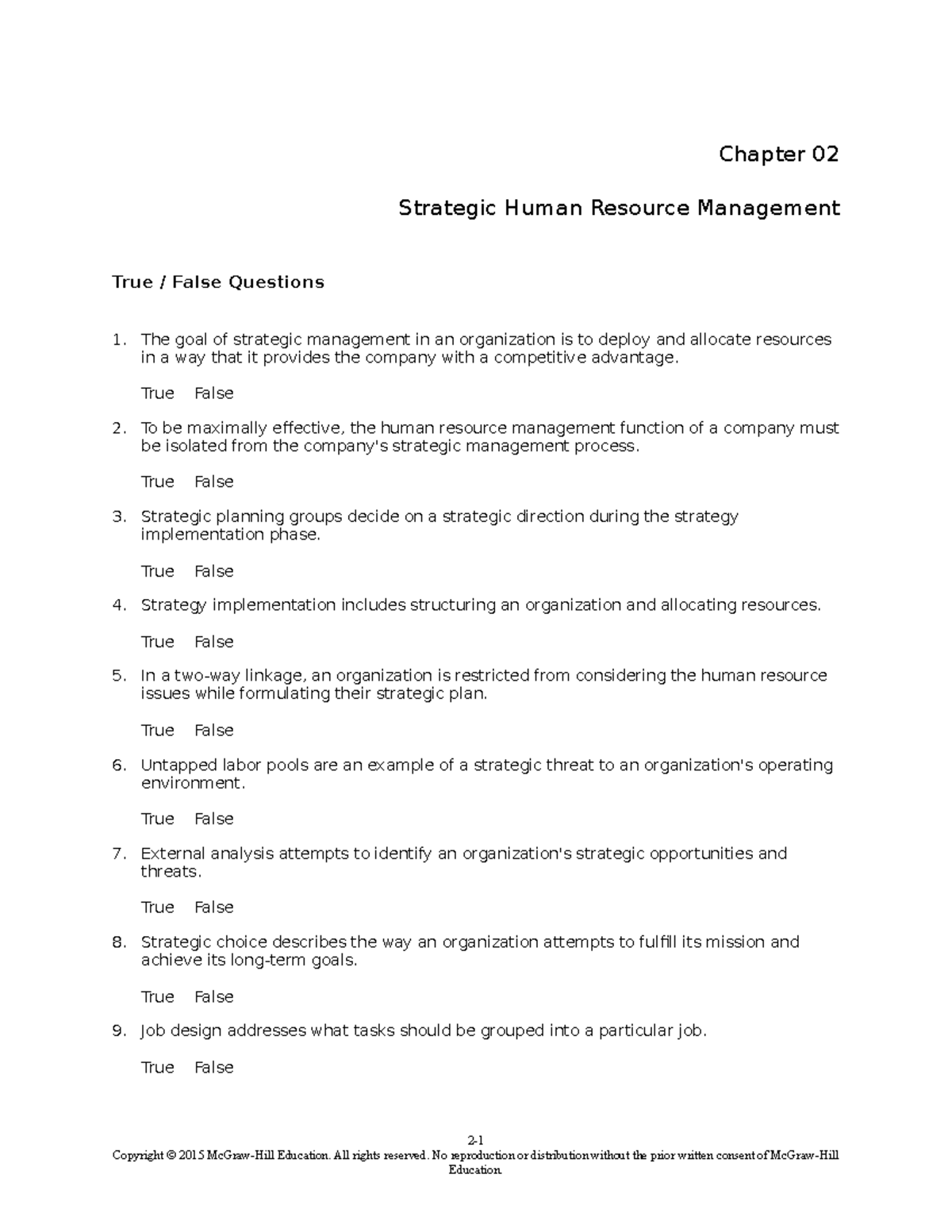 Human Resource Management 9th Edition Noe Test Bank Chapter 02 Strategic Human Resource