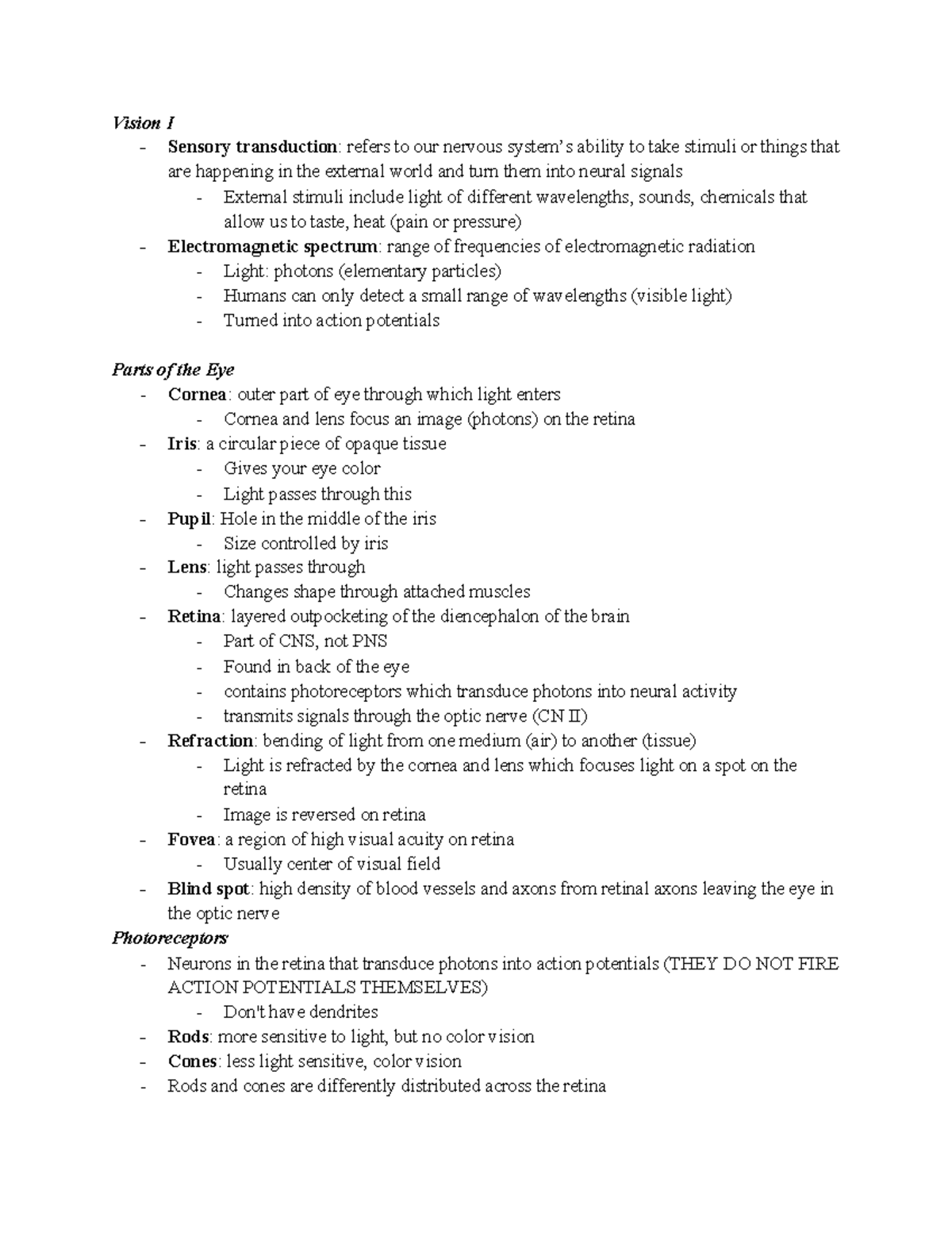 NE 101 Lecture 15 Compiled Notes - Vision I - Sensory transduction ...