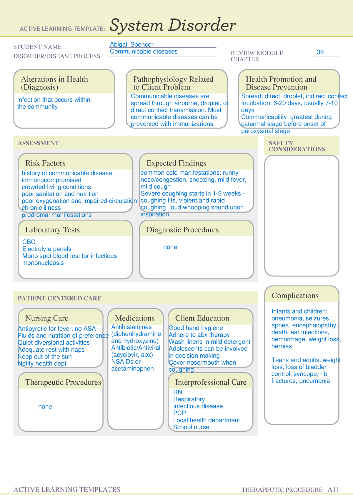 System Disorder form pertussis - STUDENT NAME DISORDER/DISEASE PROCESS ...