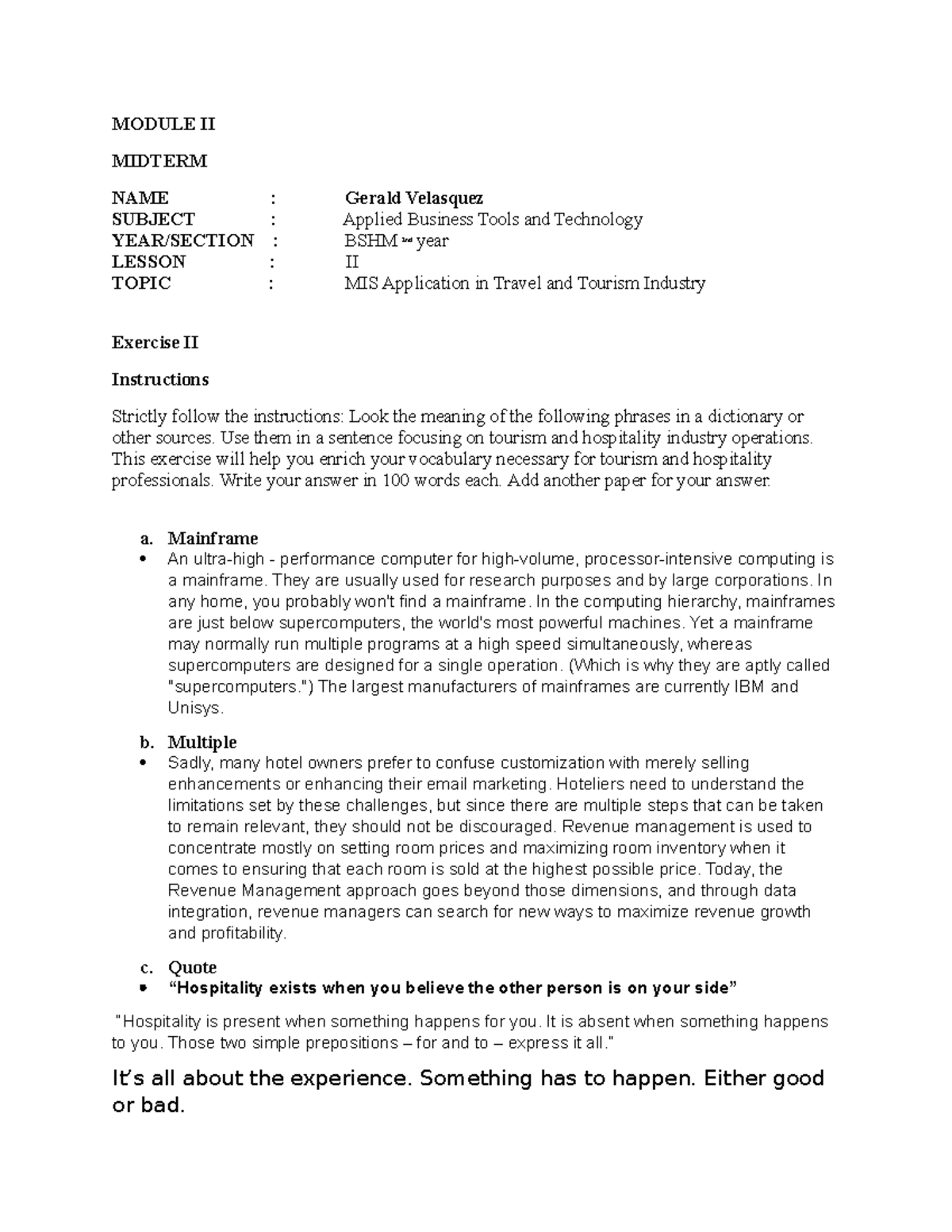ABTT Exercise 2 lesson 2 - MODULE II MIDTERM NAME : Gerald Velasquez ...