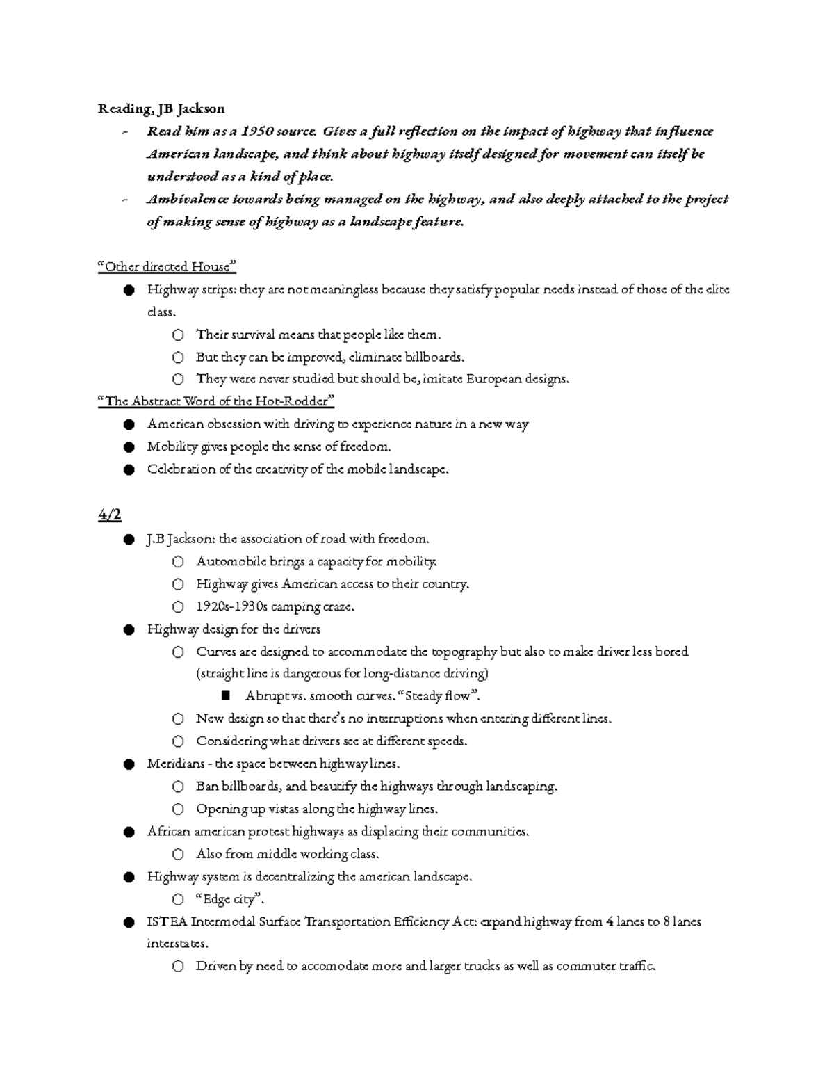 Week 9 Professor Elizabeth Blackmar Reading, JB Jackson Read him