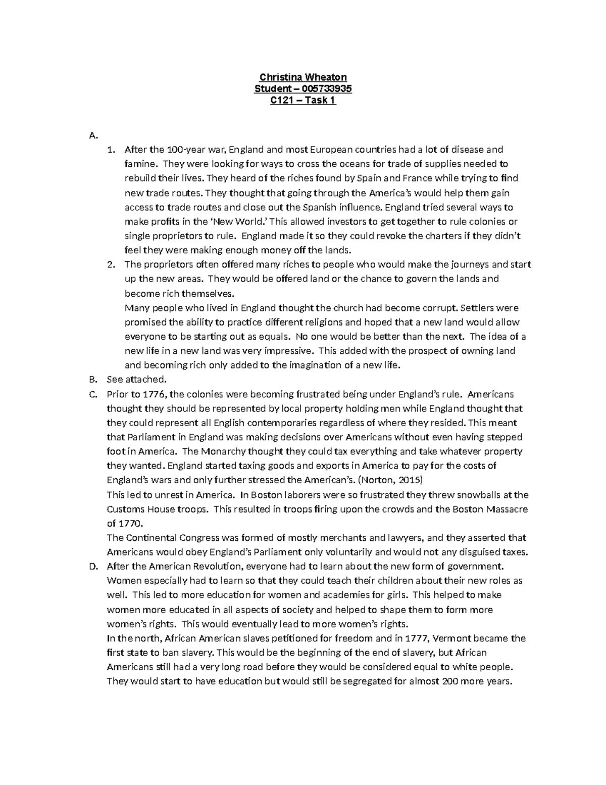 C121 Task 1 - History of US - Christina Wheaton Student – 005733935 ...