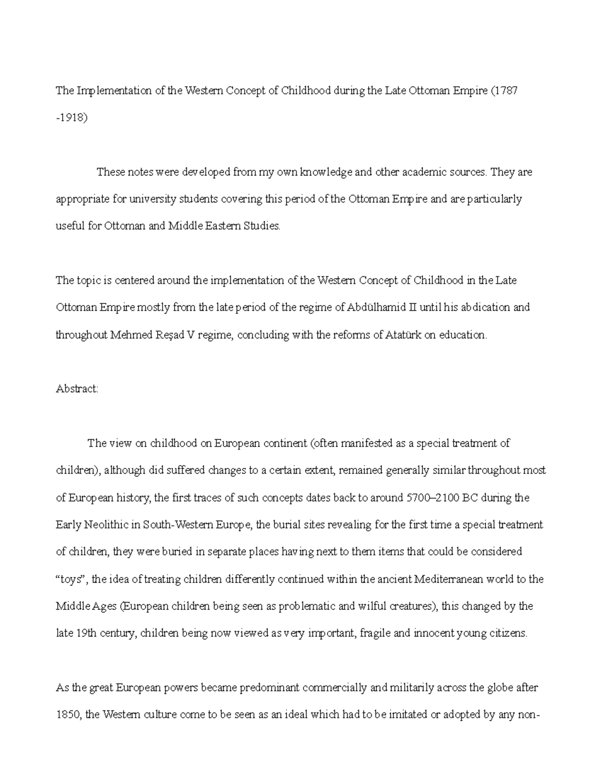 Notes on late ottoman empire The Implementation of the Western