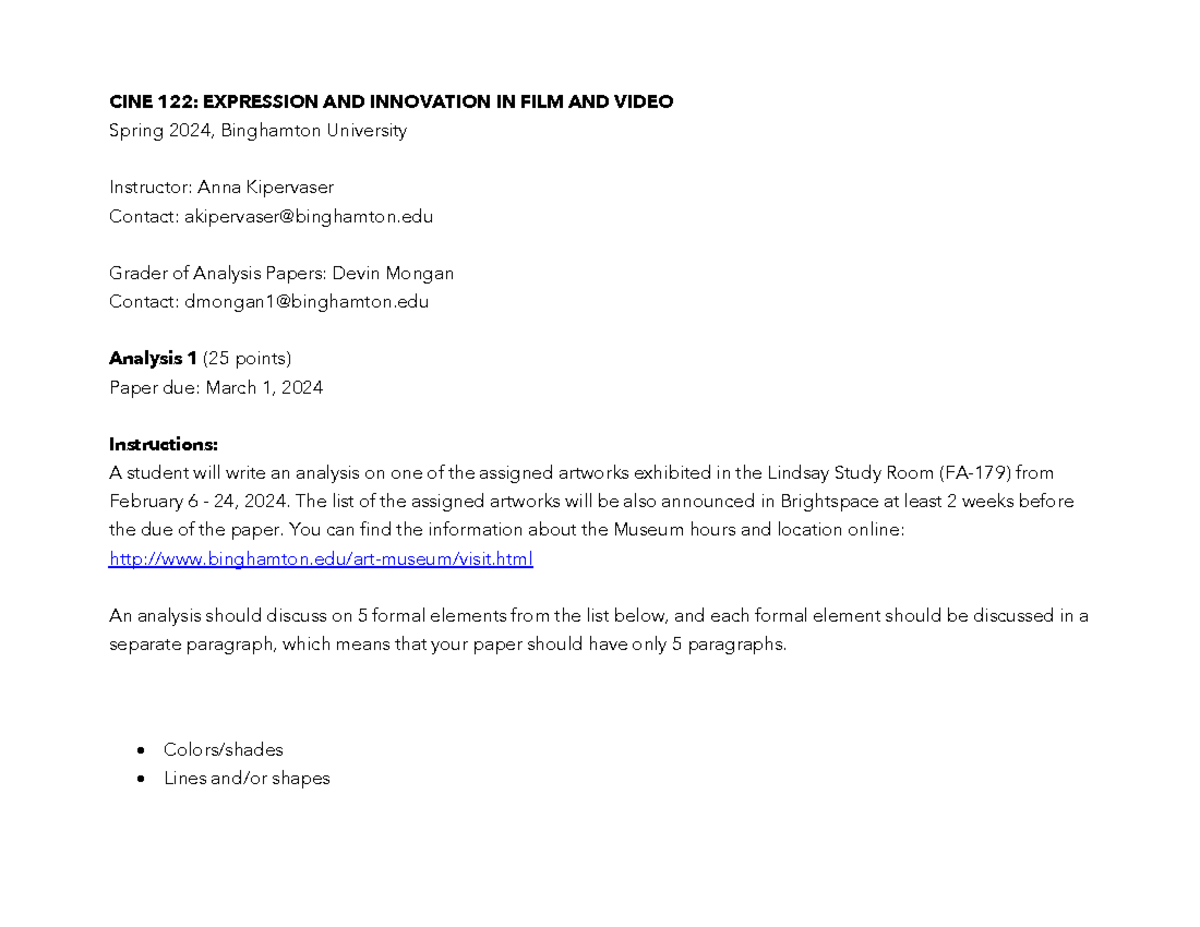 CINE 122 Rubric for Analysis 1 - CINE 122: EXPRESSION AND INNOVATION IN ...