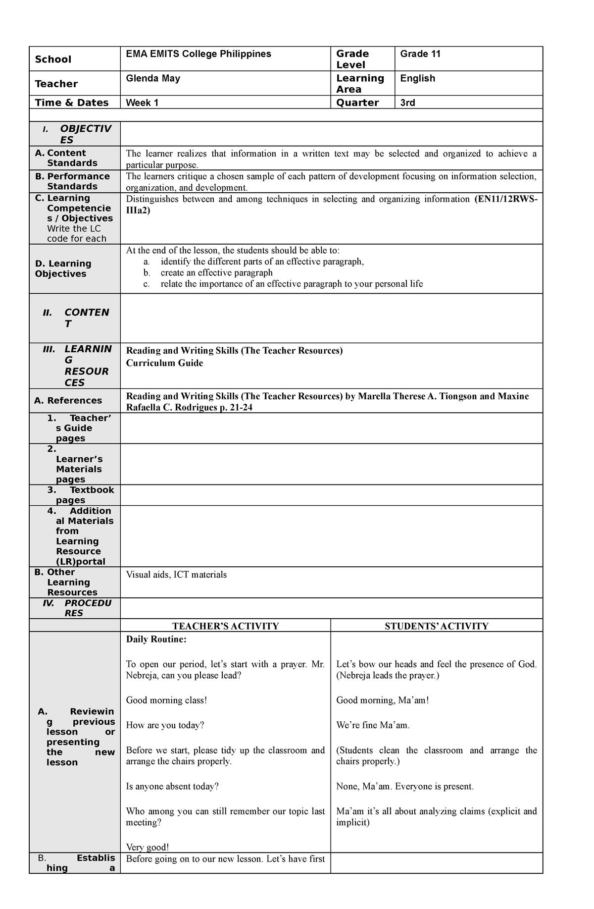 Dll Guide - Detailed - School Ema Emits College Philippines Grade Level 