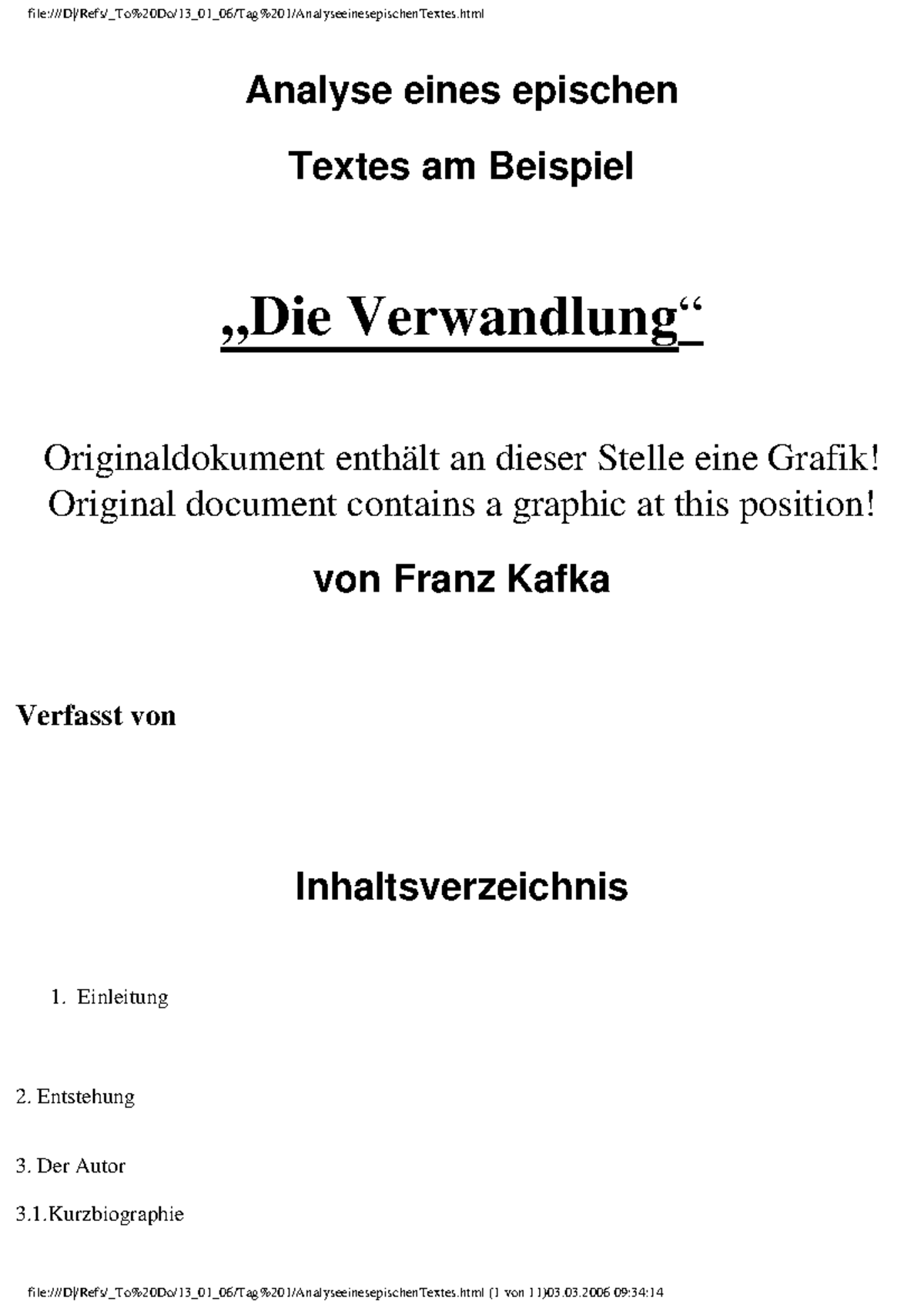 Analyse Eines Epischen Textes Kafka - Die Verwandlung sowie die Reise nach Amerika - Analyse eines