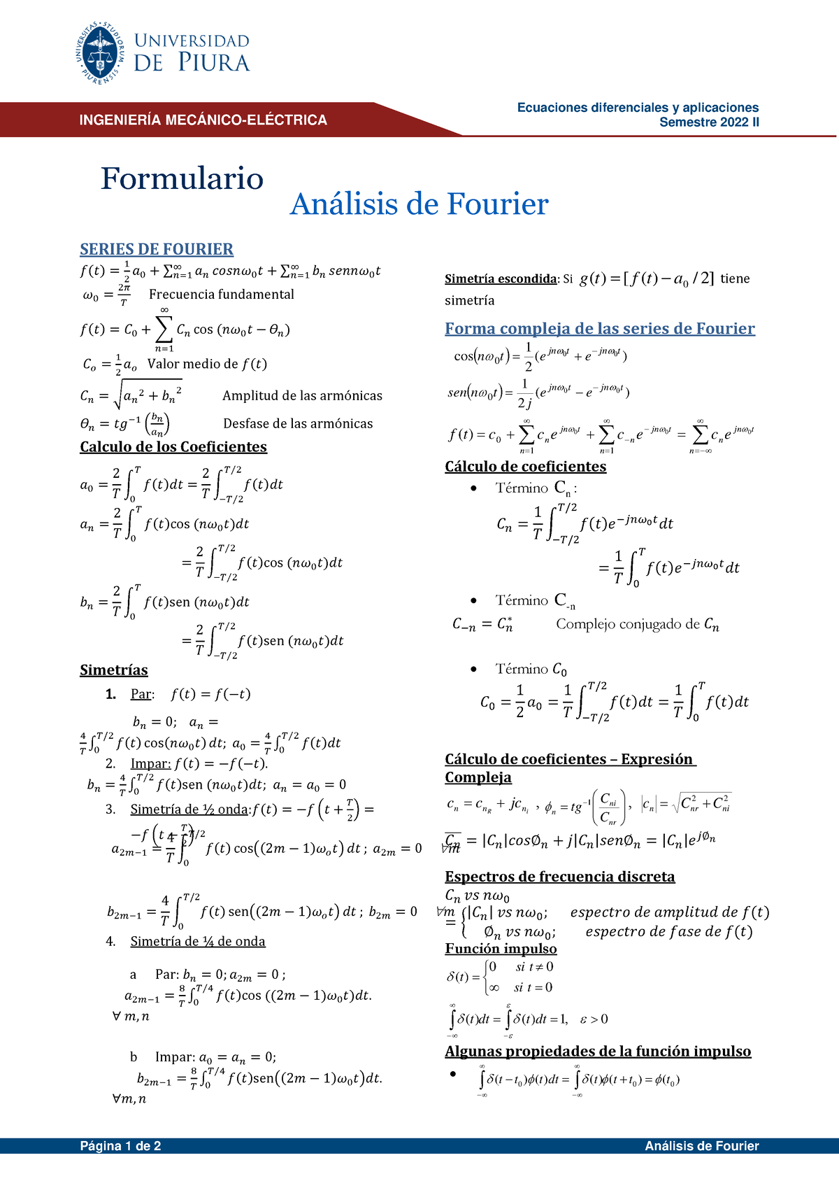 Formulario Análisis De Fourier 2022 Ii Ecuaciones Diferenciales Y Aplicaciones Semestre 2022 2165