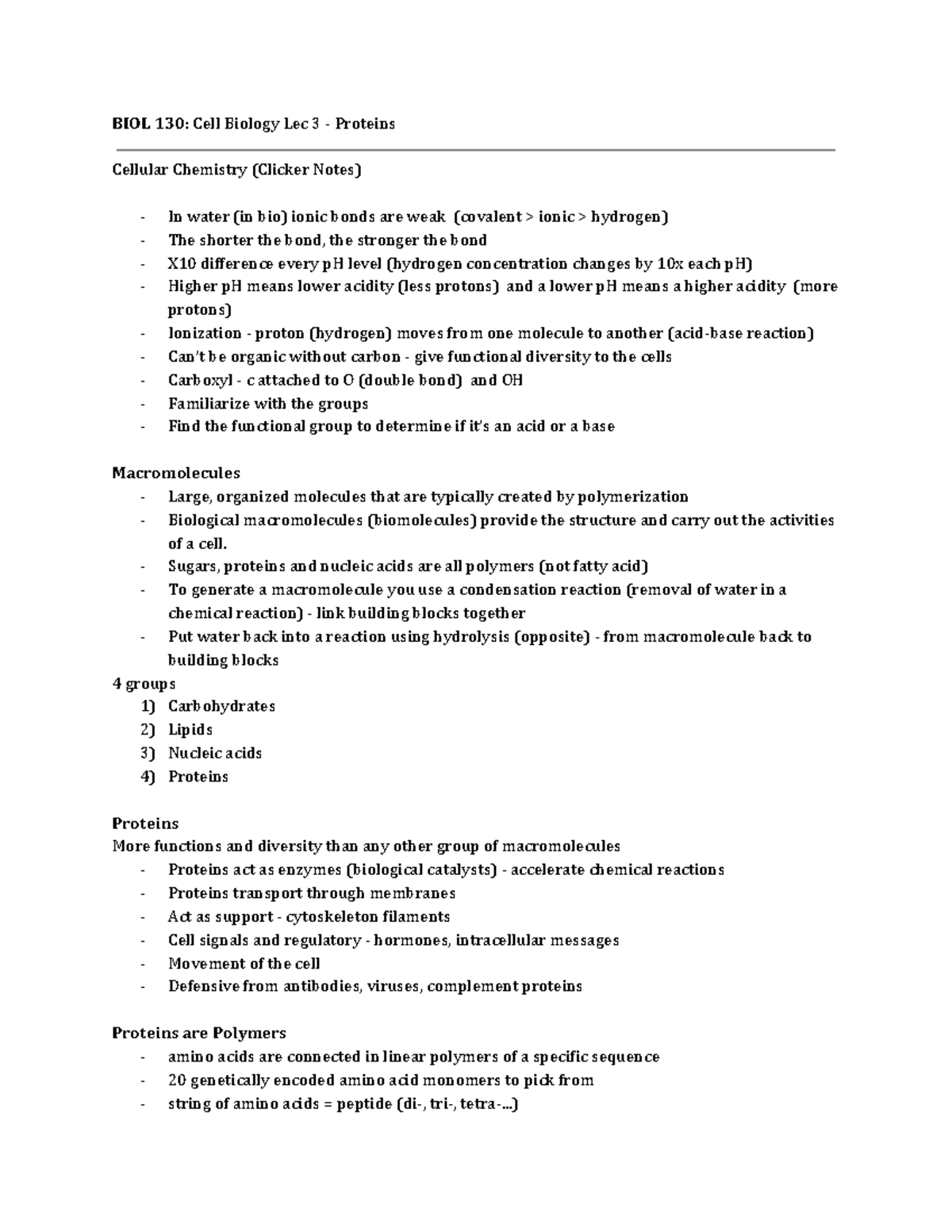 BIOL 130 - Cell Biology Lec 3 - BIOL 130: Cell Biology Lec 3 - Proteins ...