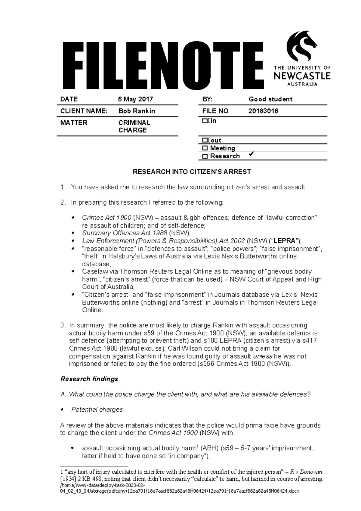 File note example 2 - DATE 6 May 2017 BY: Good student CLIENT NAME: Bob ...