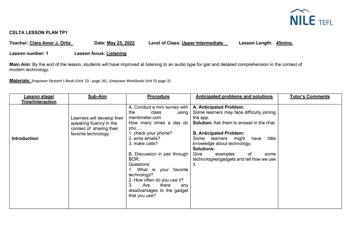 Celta Course Lesson Plan: Listening, Vocabulary, Speaking