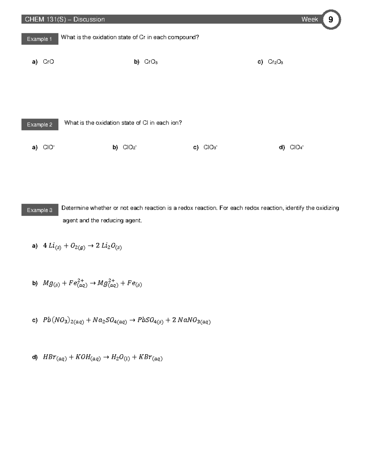 CHEM131 Week 9 Worksheet - What is the oxidation state of Cr in each ...