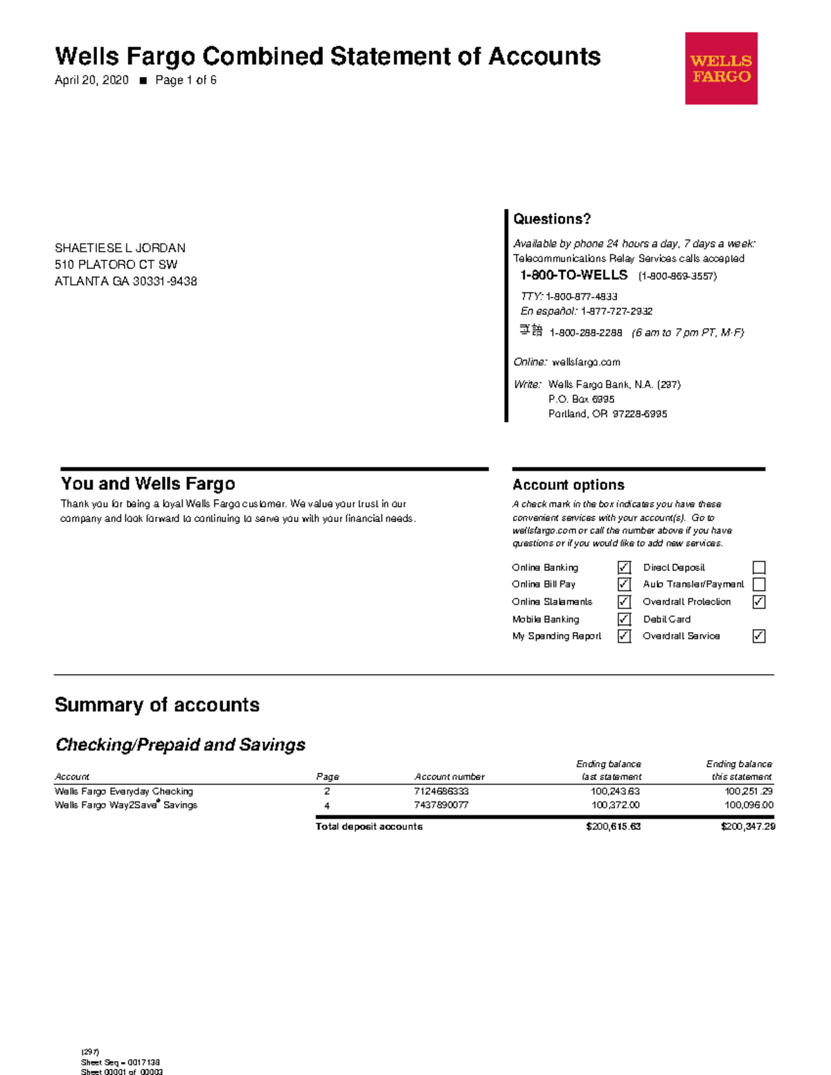 Wells fargo bank statement Wells Fargo Combined Statement of Accounts