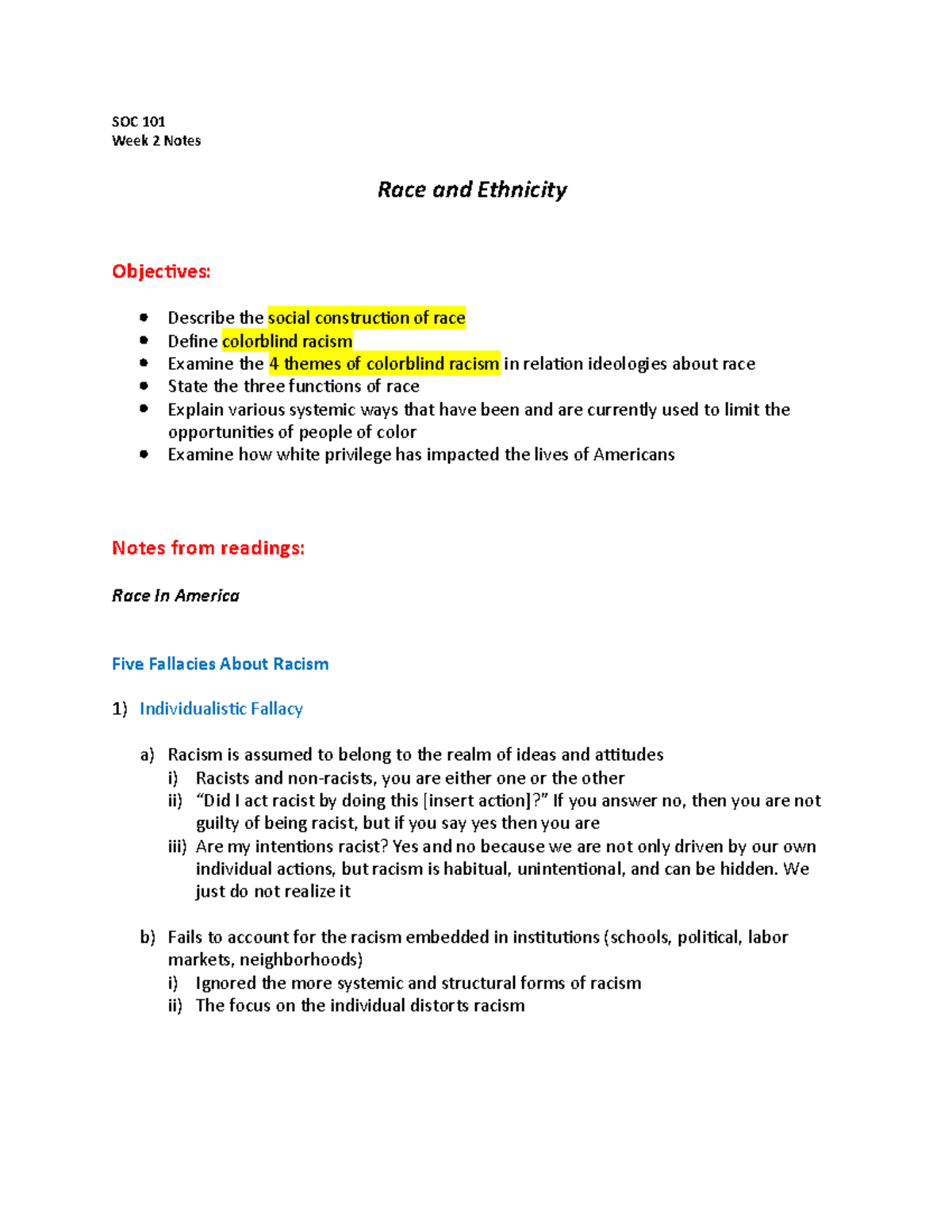 SOC101 Week 2 Notes - Mark Wodziak - SOC 101 Week 2 Notes Race and ...