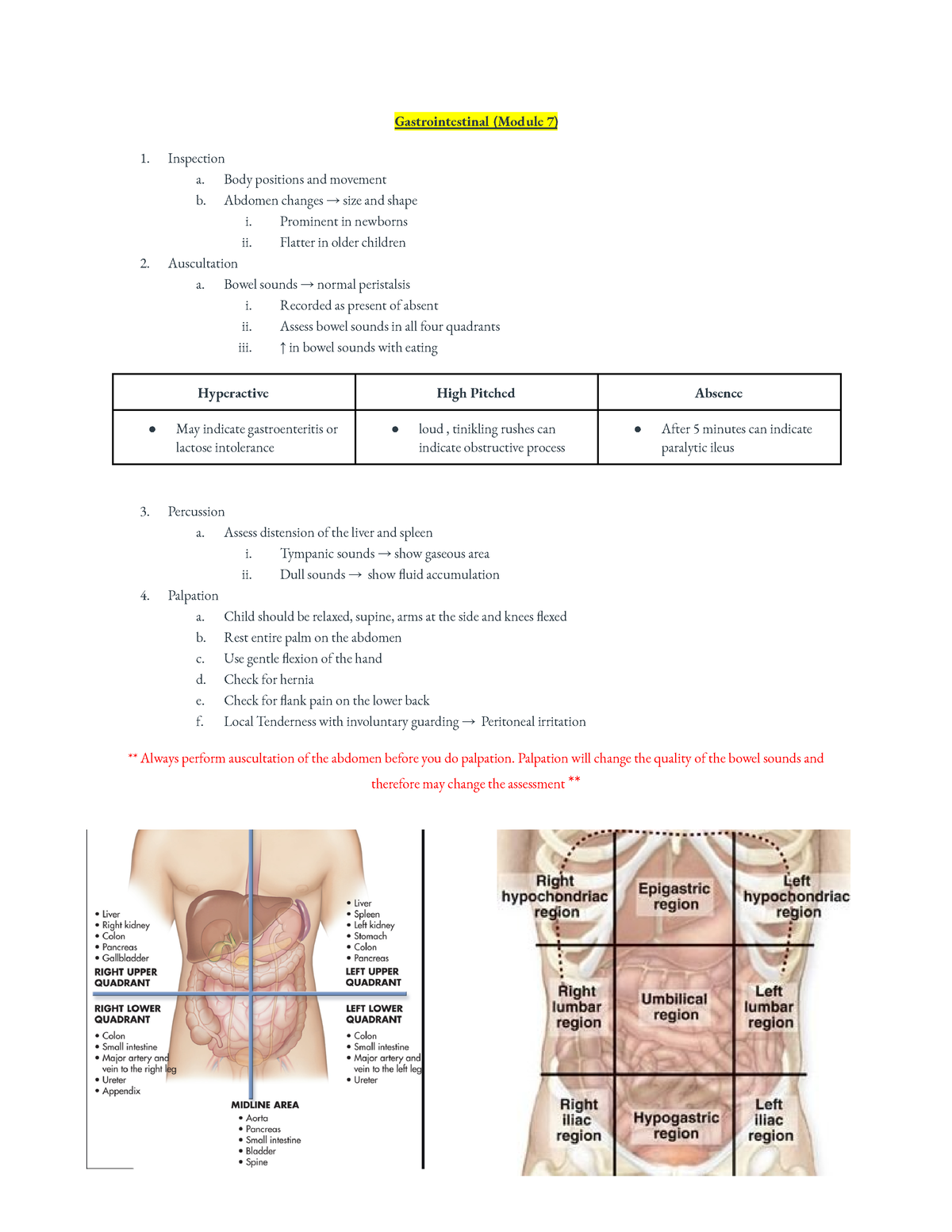 Peds Module 7 Notes - Gastrointestinal (Module 7) 1. Inspection a. Body ...