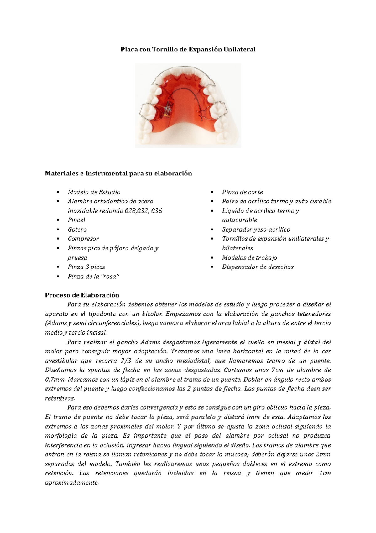 Tarea 2 Aparatología ortodoncia Placa con Tornillo de Expansión