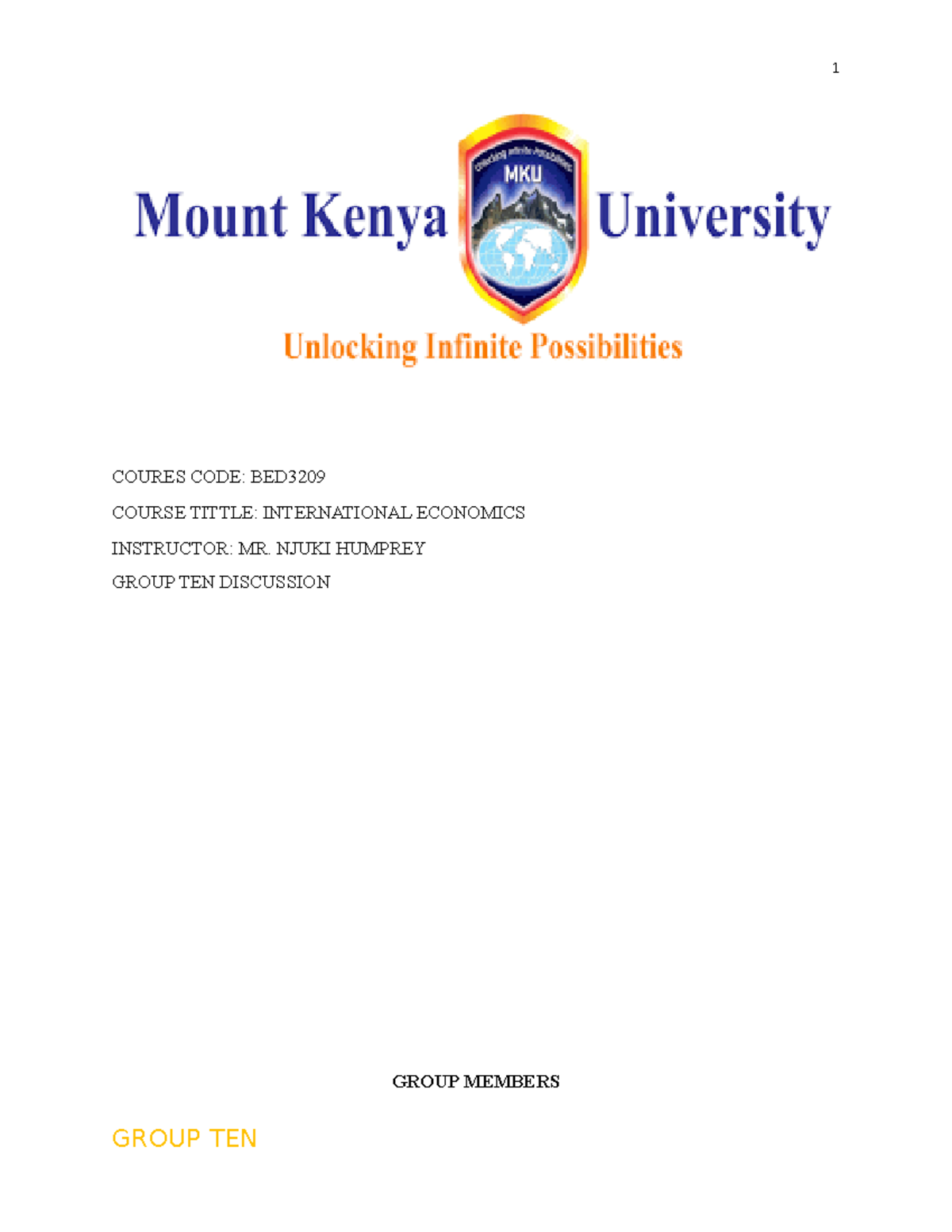 International economics assignment - COURES CODE: BED COURSE TITTLE ...