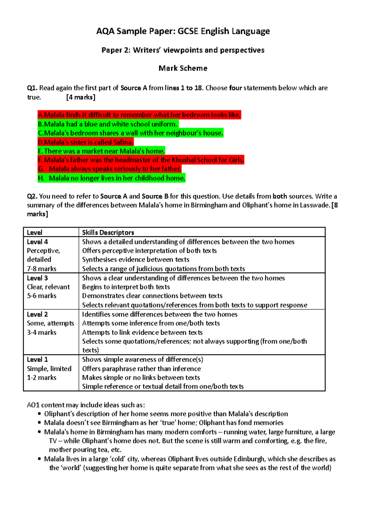 AQA English Language Sample Paper 2c mark scheme AQA Sample Paper GCSE English Language Paper