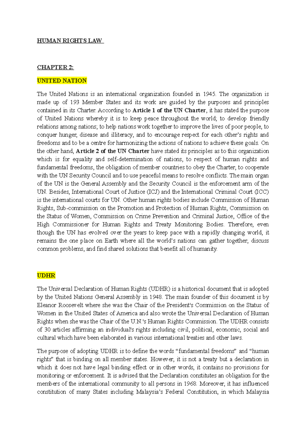 Human Rights Law (Chapter 2) - HUMAN RIGHTS LAW CHAPTER 2: UNITED ...