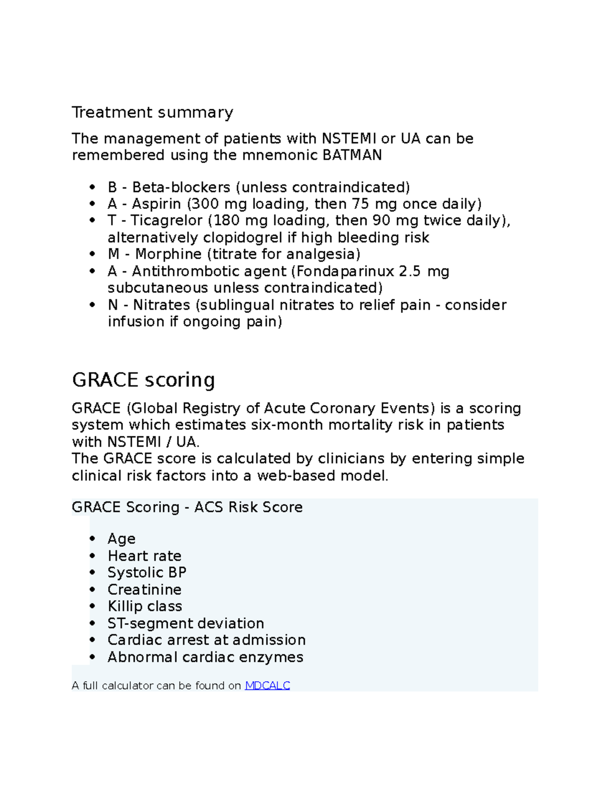 Treatment summary of ACS Treatment summary The management of patients