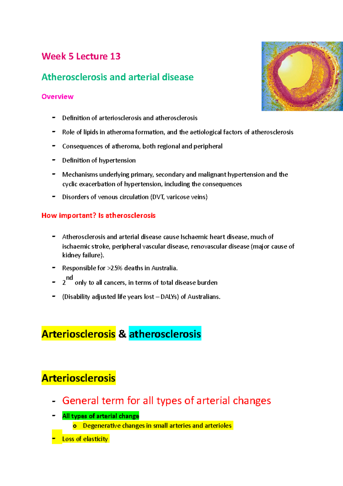 HUBS2505 week 5 lecture notes - Week 5 Lecture 13 Atherosclerosis and ...