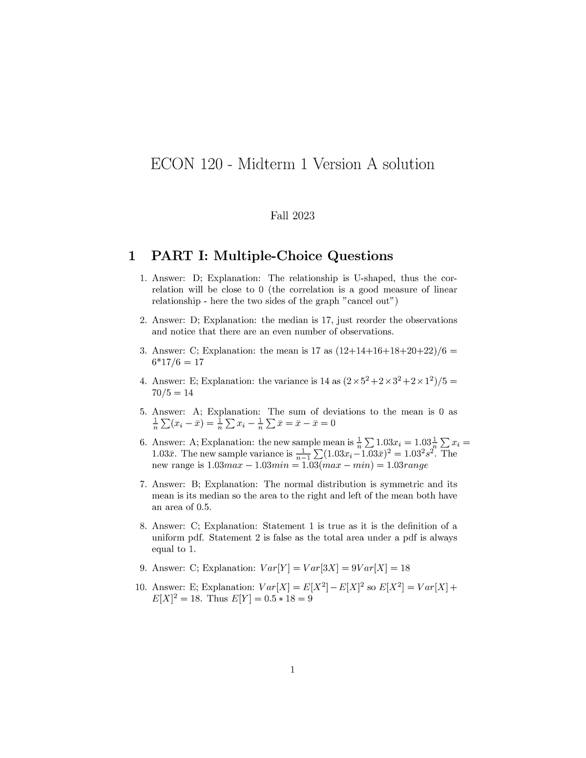 ECON 120A Midterm 1 version A solution - ECON 120 - Midterm 1 Version A ...