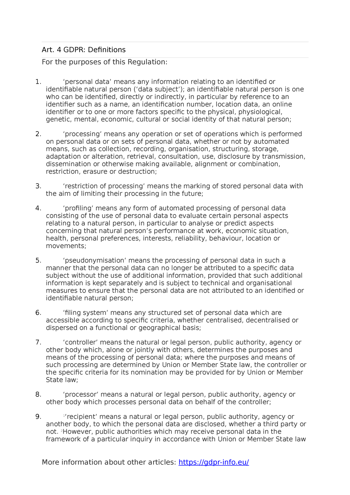 A Gdpr Definitions Summaries Art Gdpr Definitions For The Purposes Of This Regulation