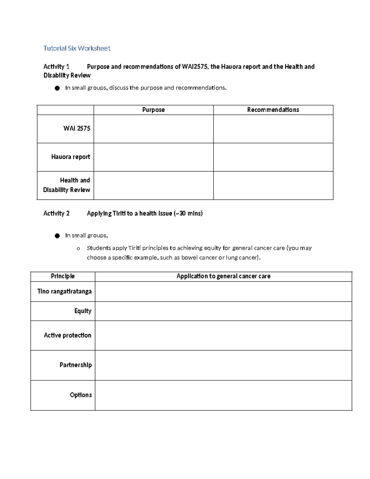 201 Tutorial 6 Worksheet revised - Tutorial Six Worksheet Activity 1 ...