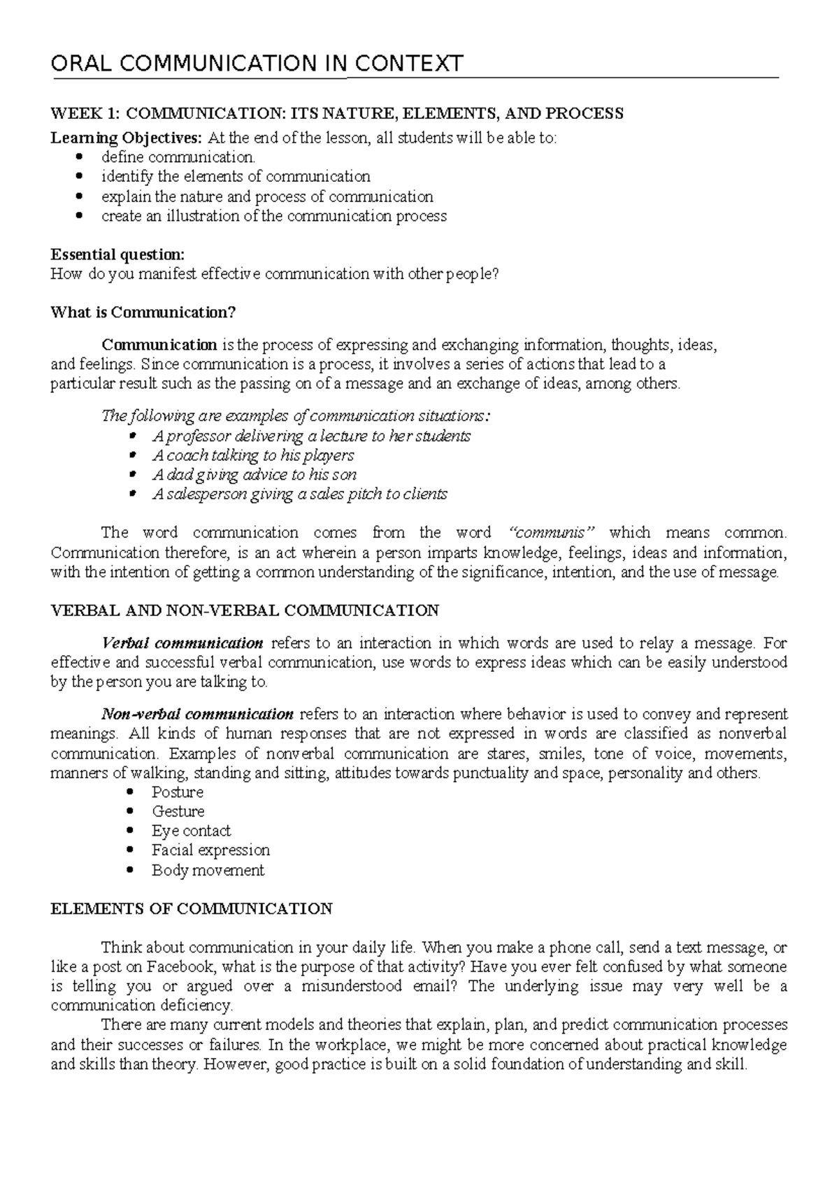 Week 1 Nature Elements and Process of Communication - ORAL ...