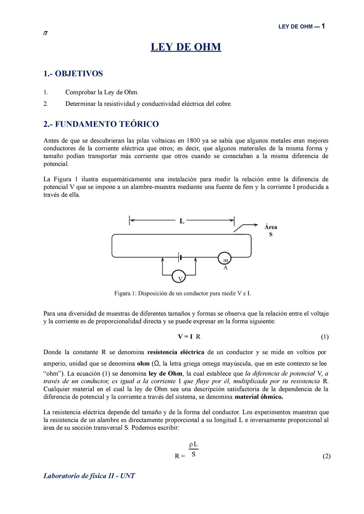 Ley De Ohm 1 Practica De Laboratorio Ley De Ohm — 1 Laboratorio