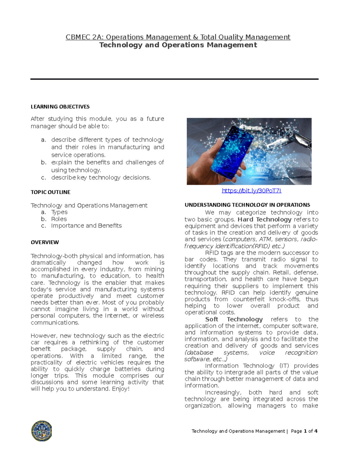 Topic 2 Technology AND Operations Management - LEARNING OBJECTIVES ...