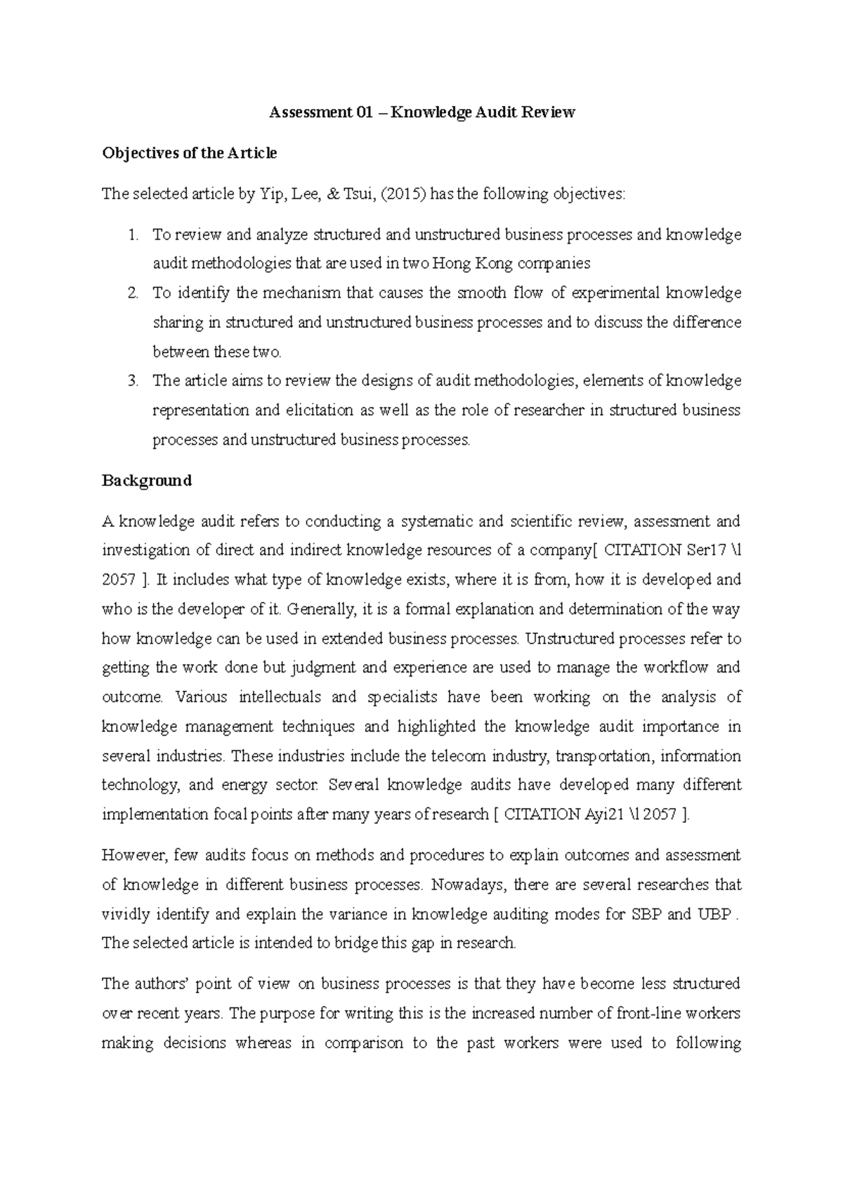 Knowledge Audit Review pharapharsed - Assessment 01 – Knowledge Audit ...