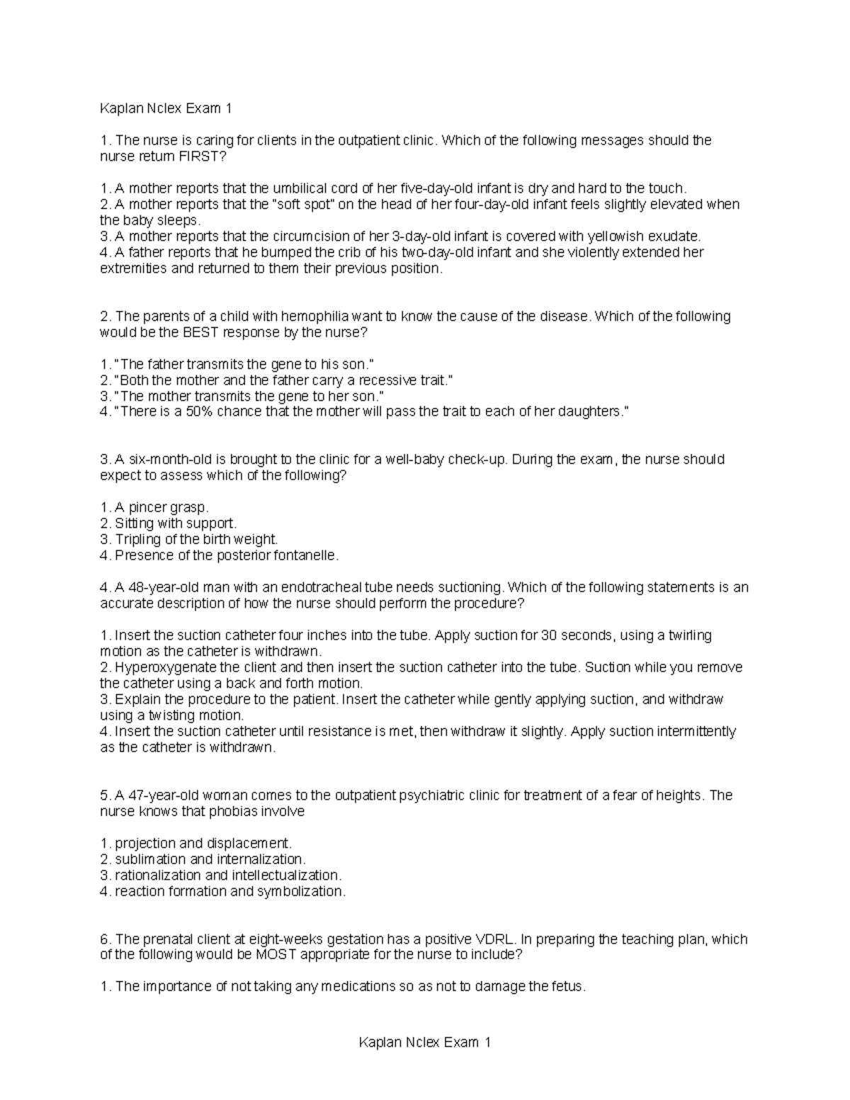 Kaplan Nclex Exam 1 - practice questions - Kaplan Nclex Exam 1 The ...