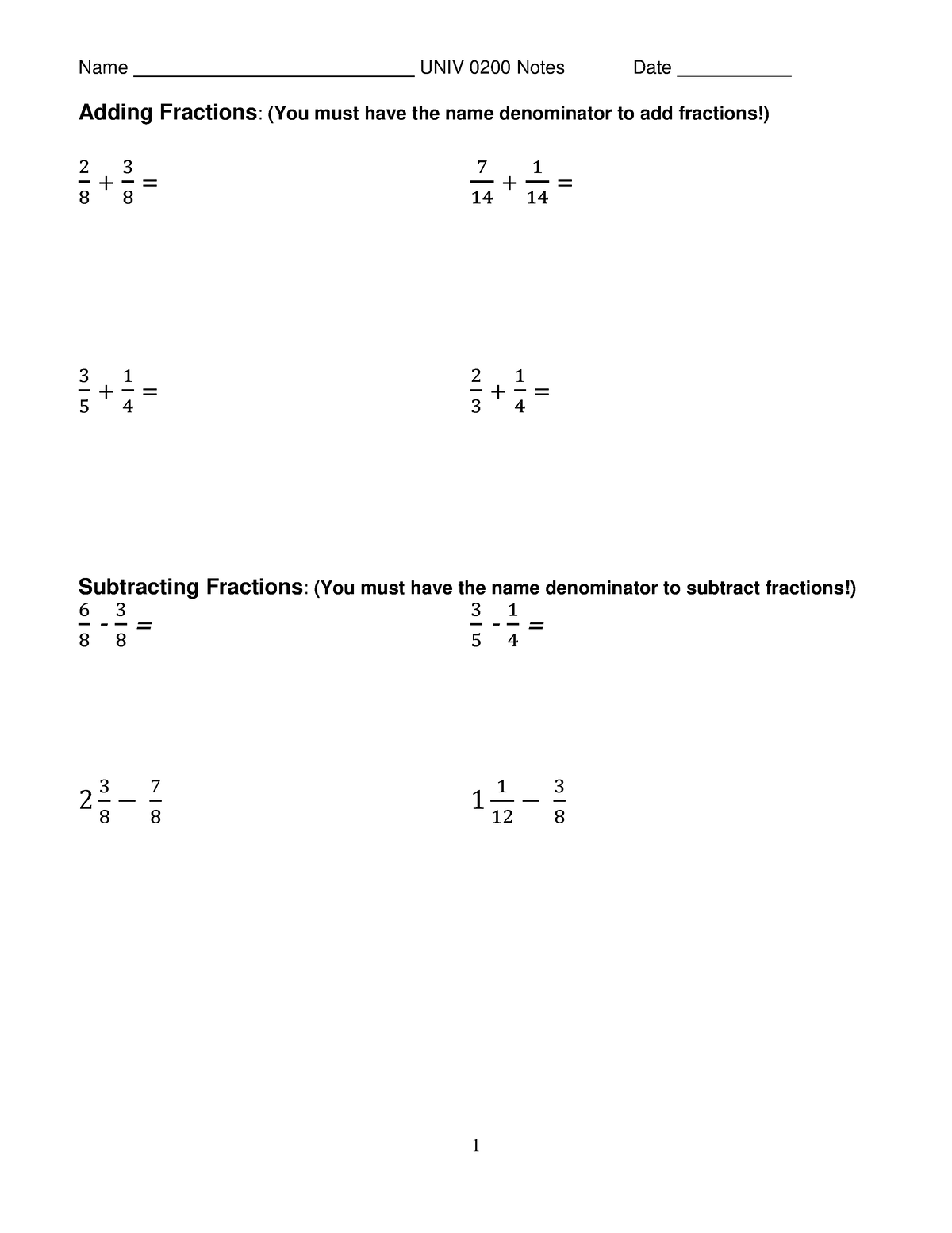 Week 4 Adding And Subtracting Fractions - Adding Fractions : (you Must 