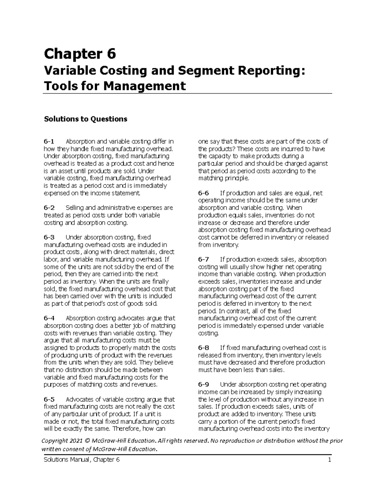 Managerial Accounting 17e By Garrison, CH06 Solutions - Copyright 2021 ...