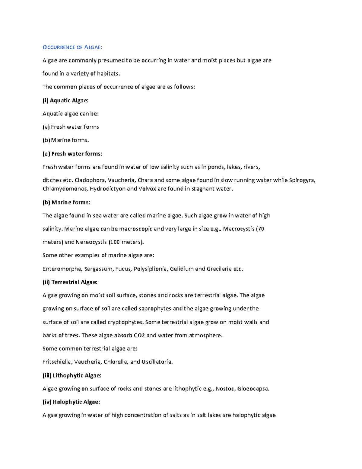 Occurance of algae - OCCURRENCE OF ALGAE: Algae are commonly presumed ...